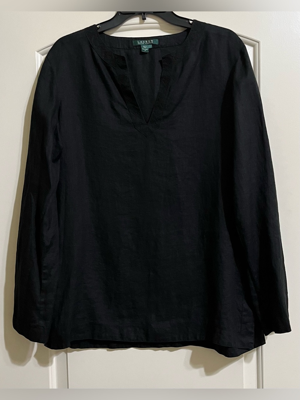 Lauren Ralph Lauren Black 100% Linen Long Sleeve Split V-Neck Blouse Top Large